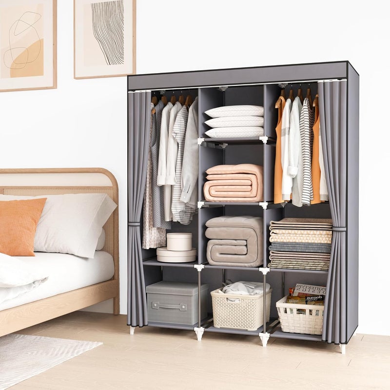 KEKIWE Portable Closet, 51 Inch Wardrobe Closet for Hanging Clothes with 2 Hanging Rods, 8 Storage Organizer Shelves for Bedroom, Durable and Easy to Assemble, Grey - Image 2